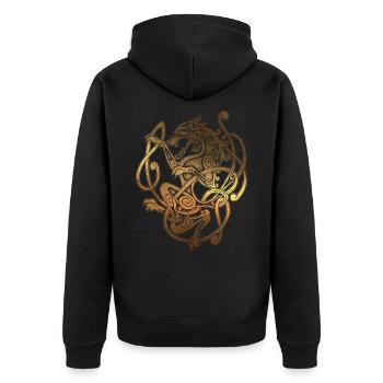 FENRIR - Wolf Odin - Vintage Gold - Nordisch Antik - Unisex Premium Bio Zip Hoodie - Schwarz - Hinten - Nico (187cm)