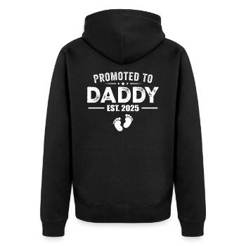 Zum Papa befördert, voraussichtlich 2025. Lustig für den neuen Papa - Unisex Premium Bio Zip Hoodie - Schwarz - Hinten - Nico (187cm)