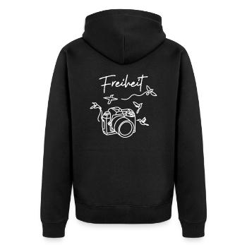 splattered Camera Freiheit - Unisex Premium Bio Zip Hoodie - Schwarz - Hinten - Nico (187cm)