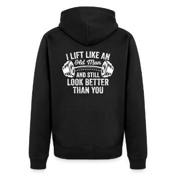 Ich hebe wie ein alter Mann und sehe immer noch besser aus als - Unisex Premium Bio Zip Hoodie - Schwarz - Hinten - Nico (187cm)