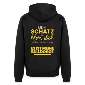MEIN SCHATZ ... Bulldogge BULLDOG Bulldoggen Hund - Unisex Premium Bio Zip Hoodie - Schwarz - Hinten - Nico (187cm)