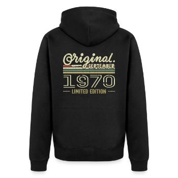 September 1970 Geburtstagsgeschenk September 1970 - Unisex Premium Bio Zip Hoodie - Schwarz - Hinten - Nico (187cm)