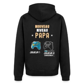 Papa joueur 1 et joueur 2 futur Papa humour - Veste à capuche bio Premium Unisexe - noir - Dos - Nico (187cm)