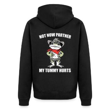 Not Now partner My Tummy Hurts | Cowboy Frog Funny - Unisex Premium Organic Zip Hoodie - black - Back - Nico (187cm)