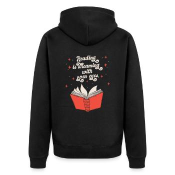 Bücher Buch lesen Bücherei Bibliothek Bücherwurm - Unisex Premium Bio Zip Hoodie - Schwarz - Hinten - Nico (187cm)