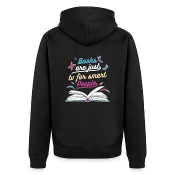 Bücher Buch lesen Bücherei Bibliothek Bücherwurm - Unisex Premium Bio Zip Hoodie - Schwarz - Hinten - Nico (187cm)