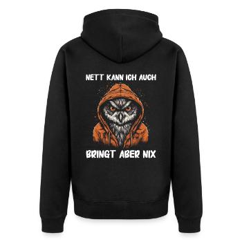 Nachteule Eule Eulen Vogel - Unisex Premium Bio Zip Hoodie - Schwarz - Hinten - Nico (187cm)