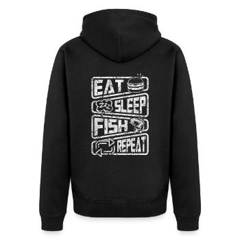 Iss Schlaf Fisch Wiederholung lustiges Fischerangeln - Unisex Premium Bio Zip Hoodie - Schwarz - Hinten - Nico (187cm)