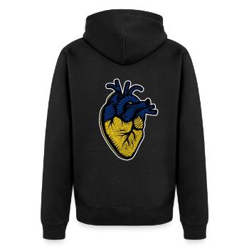 Ich stehe mit der ukrainischen Flagge Ukrainisches Herz - Unisex Premium Bio Zip Hoodie - Schwarz - Hinten - Nico (187cm)