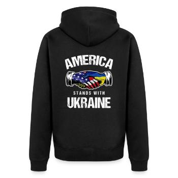L’Amérique se tient avec l’Ukraine Drapeau ukrainien des États-Unis - Veste à capuche bio Premium Unisexe - noir - Dos - Nico (187cm)