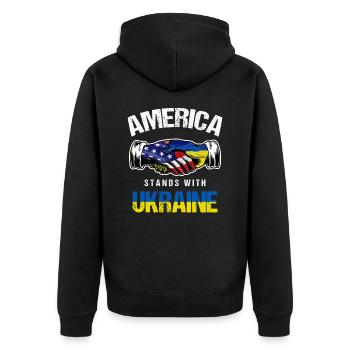 L’Amérique se tient avec l’Ukraine Drapeau ukrainien des États-Unis - Veste à capuche bio Premium Unisexe - noir - Dos - Nico (187cm)