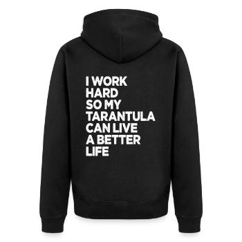 Ich arbeite hart, damit meine Vogelspinne ein besseres Leben haben kann - Unisex Premium Bio Zip Hoodie - Schwarz - Hinten - Nico (187cm)