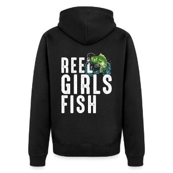 Rolle Mädchen Fisch Weibliche Frauen Bass Angeln Retro - Unisex Premium Bio Zip Hoodie - Schwarz - Hinten - Nico (187cm)