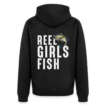 Reel Mädchen Fisch weiblich Frauen Thunfisch Angeln Retro - Unisex Premium Bio Zip Hoodie - Schwarz - Hinten - Nico (187cm)