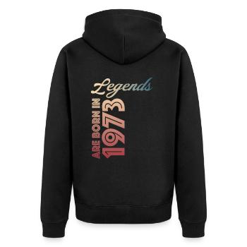 Legends are born in 1973 - Unisex Premium Bio Zip Hoodie - Schwarz - Hinten - Nico (187cm)