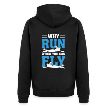 Warum Laufen, wenn man Fliegen kann?" - Unisex Premium Bio Zip Hoodie - Schwarz - Hinten - Nico (187cm)