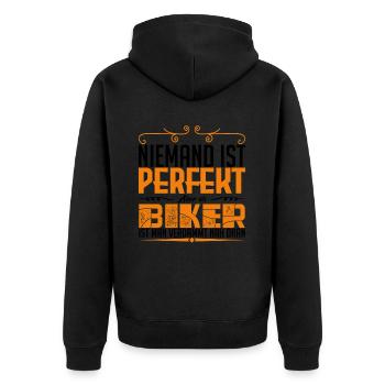 niemand ist perfekt aber als biker ist man verdamm - Unisex Premium Bio Zip Hoodie - Schwarz - Hinten - Nico (187cm)