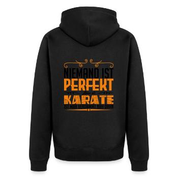 Karate Kampfsport Niemand ist perfekt aber als - Unisex Premium Bio Zip Hoodie - Schwarz - Hinten - Nico (187cm)