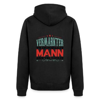 VERMARKTER WIE EIN NORMALER MANN ABER VIEL COOLER! - Unisex Premium Bio Zip Hoodie - Schwarz - Hinten - Nico (187cm)