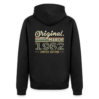 Jahrgang März 1962 Geburtstagsgeschenk März 1962 - Unisex Premium Bio Zip Hoodie - Schwarz - Hinten - Nico (187cm)