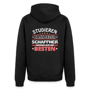 Nur die Besten werden Schaffner - Unisex Premium Bio Zip Hoodie - Schwarz - Hinten - Nico (187cm)