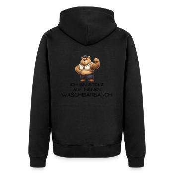 Waschbärbauch statt Waschbrettbauch - Unisex Premium Bio Zip Hoodie - Schwarz - Hinten - Nico (187cm)