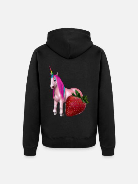 Einhorn mit Erdbeere - Unisex Premium Bio Zip Hoodie - Schwarz