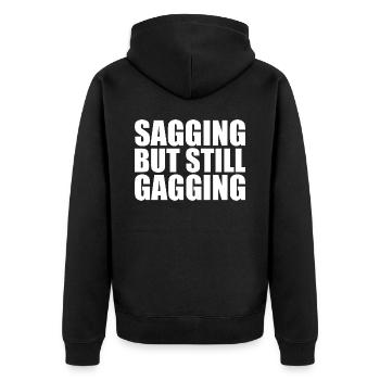 Durchhängend, aber immer noch würgen - Unisex Premium Bio Zip Hoodie - Schwarz - Hinten - Nico (187cm)