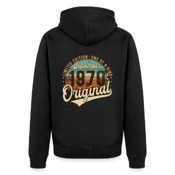 Septembre 1970 Vintage Anniversaire Rétro - Veste à capuche bio Premium Unisexe - noir - Dos - Nico (187cm)