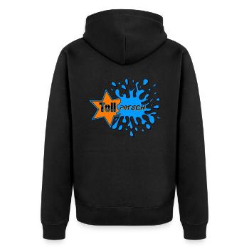 Tollpatsch 2.0 - Unisex Premium Bio Zip Hoodie - Schwarz - Hinten - Nico (187cm)