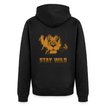 Bleib wild. Löwengesicht - Unisex Premium Bio Zip Hoodie - Schwarz - Hinten - Nico (187cm)