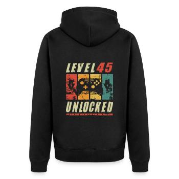 Level 45 Unlocked Gamer Turning 45th Birthday Gift - Unisex Premium Organic Zip Hoodie - black - Back - Nico (187cm)