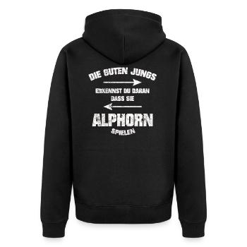 ALPHORN DIE GUTEN JUNGS GRUNGE STYLE SHIRT - Unisex Premium Bio Zip Hoodie - Schwarz - Hinten - Nico (187cm)