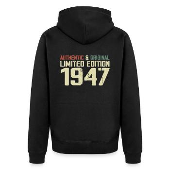 1947 Geburtstagsgeschenk 1947 Jahrgang 1947 Retro - Unisex Premium Bio Zip Hoodie - Schwarz - Hinten - Nico (187cm)