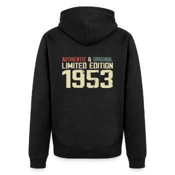1953 Geburtstagsgeschenk 1953 Jahrgang 1953 Retro - Unisex Premium Bio Zip Hoodie - Schwarz - Hinten - Nico (187cm)