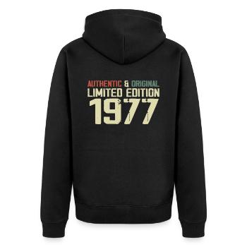 1977 Geburtstagsgeschenk 1977 Jahrgang 1977 Retro - Unisex Premium Bio Zip Hoodie - Schwarz - Hinten - Nico (187cm)