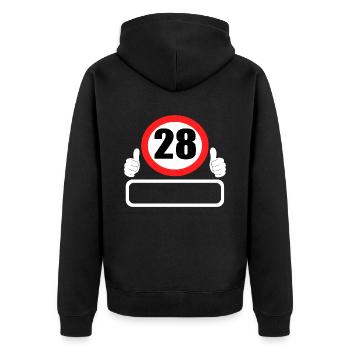 28 Geburtstag Verkehrszeichen 28 Jahre Dein Name - Unisex Premium Bio Zip Hoodie - Schwarz - Hinten - Nico (187cm)
