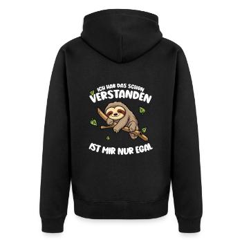 Faultier Lustiger Spruch: ... ist mir nur egal - Unisex Premium Bio Zip Hoodie - Schwarz - Hinten - Nico (187cm)