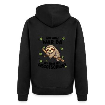 Faultier Lustiger Spruch: Der Wille war da - Unisex Premium Bio Zip Hoodie - Schwarz - Hinten - Nico (187cm)
