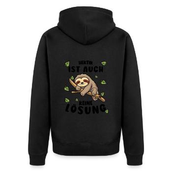 Faultier Lustiger Spruch: Hektik ist keine Lösung - Unisex Premium Bio Zip Hoodie - Schwarz - Hinten - Nico (187cm)
