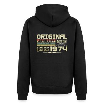 Januar 1974 | Januar 1974 Geburtstagsgeschenk - Unisex Premium Bio Zip Hoodie - Schwarz - Hinten - Nico (187cm)