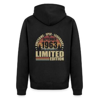 1963 September 1963 Jubiläum September 1963 - Unisex Premium Bio Zip Hoodie - Schwarz - Hinten - Nico (187cm)