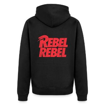 David Bowie Rebel Rebel Rot - Unisex Premium Bio Zip Hoodie - Schwarz - Hinten - Nico (187cm)