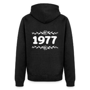 1977 Jahrgang 1977 Retro 1977 Jubiläum 1977 - Unisex Premium Bio Zip Hoodie - Schwarz - Hinten - Nico (187cm)