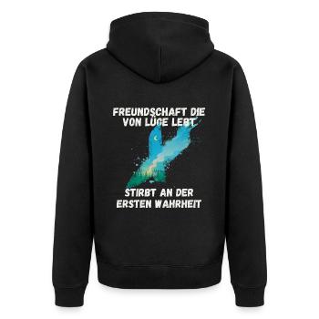 freundschaftsprüche Freundschaft die von Lüge lebt - Unisex Premium Bio Zip Hoodie - Schwarz - Hinten - Nico (187cm)