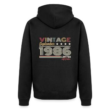 Jahrgang September 1986 September 1986 September - Unisex Premium Bio Zip Hoodie - Schwarz - Hinten - Nico (187cm)