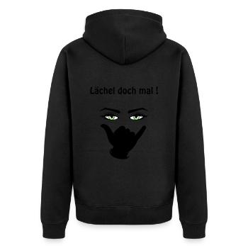Lächel doch mal! - Unisex Premium Bio Zip Hoodie - Schwarz - Hinten - Nico (187cm)
