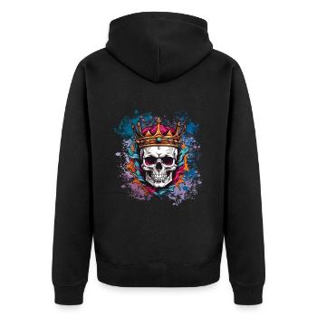 Totenkopf mit Krone auf bunten Farbklecksen - Unisex Premium Bio Zip Hoodie - Schwarz - Hinten - Nico (187cm)