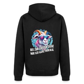 Bis zur ersten Ziege war ich ganz normal - Unisex Premium Bio Zip Hoodie - Schwarz - Hinten - Nico (187cm)