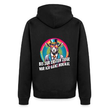 Bis zur ersten Ziege war ich ganz normal - Unisex Premium Bio Zip Hoodie - Schwarz - Hinten - Nico (187cm)